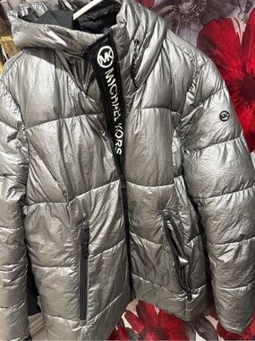 Michael Kors Silver Metallic Puffer Jacket